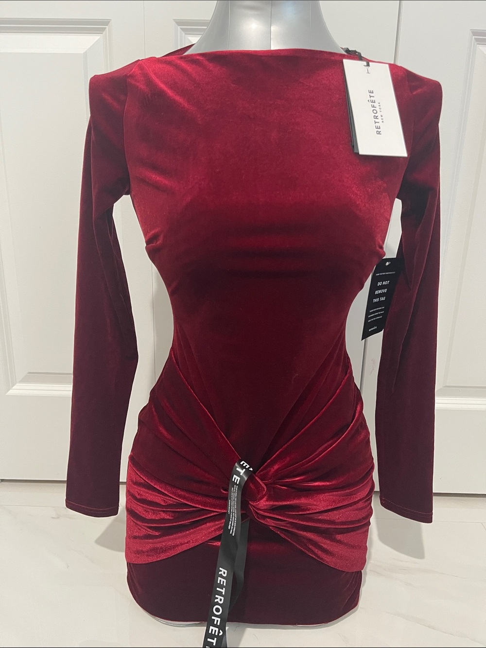Authentic Retrofete Red Velvet Long-Sleeve Knot Front Mini Dress size XS